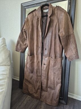 Vintage Long Brown Leather Trench Coat
